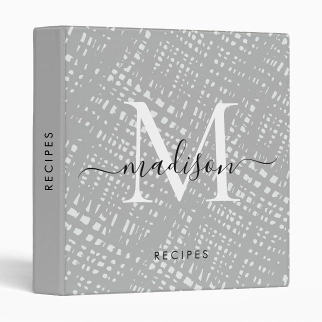 Cute Silver Grey Pattern Monogram Script Name Binder (Front/Spine)