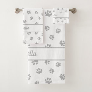 Cute Silver Grey Paw Prints Personalized Bath Towel Set