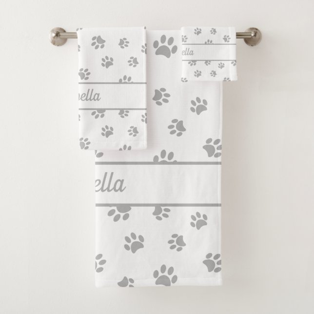 Cute Silver Grey Paw Prints Personalized Bath Towel Set (Insitu)