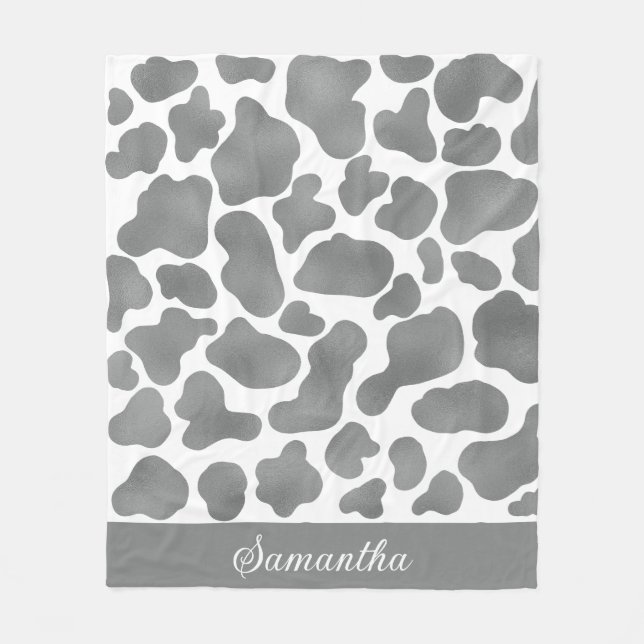 Cute Silver Grey White Cow Print Animal Pattern Fleece Blanket (Front)