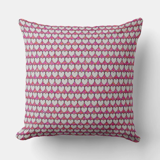 Cute Silver Hearts All Over Pattern Pink Throw Pillow (Front)