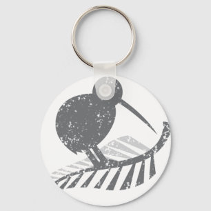 cute silver kiwi bird and silver fern distressed keychain