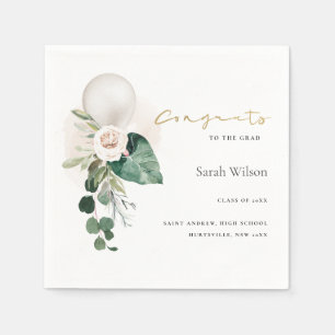 CUTE SILVER WHITE BALLOON FLORAL GRAD CONGRATS NAPKIN