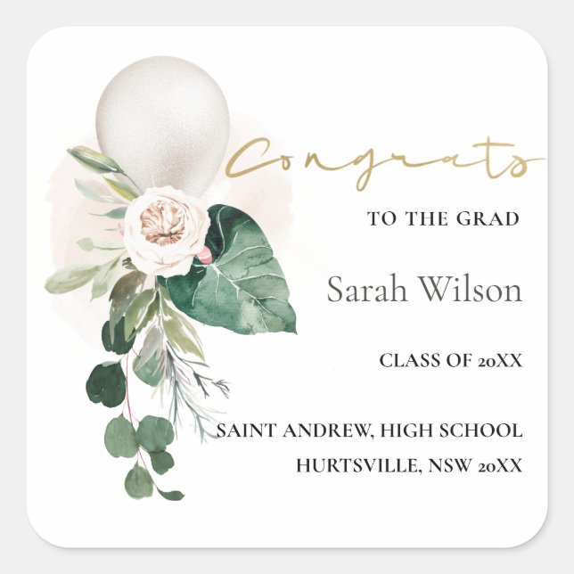 CUTE SILVER WHITE BALLOON FLORAL GRAD CONGRATS SQUARE STICKER (Front)
