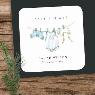 Cute Simple Baby Clothesline Blue Boy Baby Shower Square Sticker
