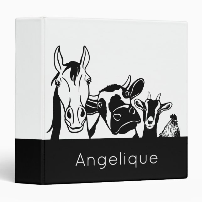 Cute simple black and white cute farm animals  binder (Front/Spine)