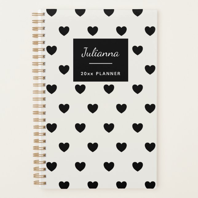 Cute Simple Black White Hearts Personalized 2025 Planner (Front)