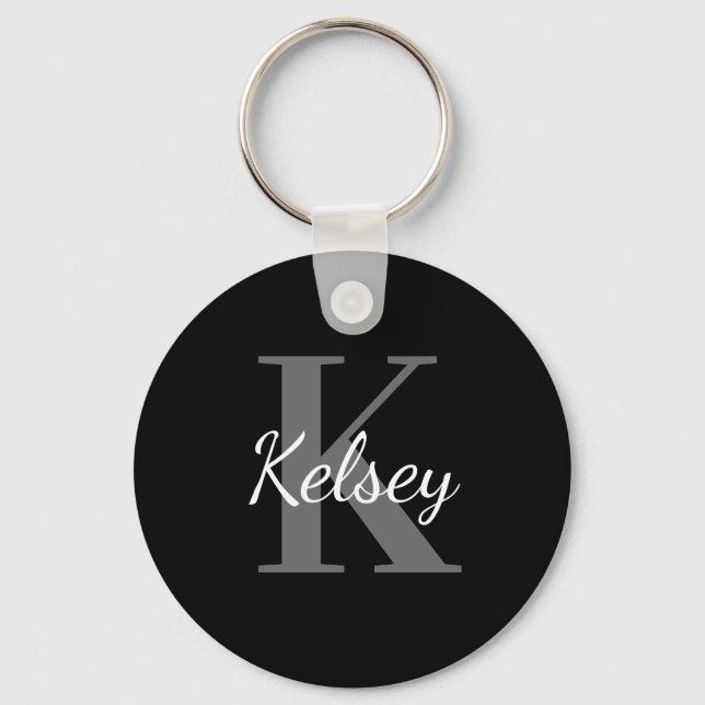 Cute Simple Black & White Monogram Initial & Name Keychain (Front)