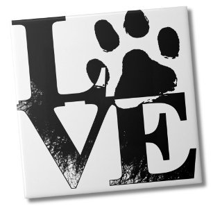 Cute Simple Black White Pet Love Paw Print Tile