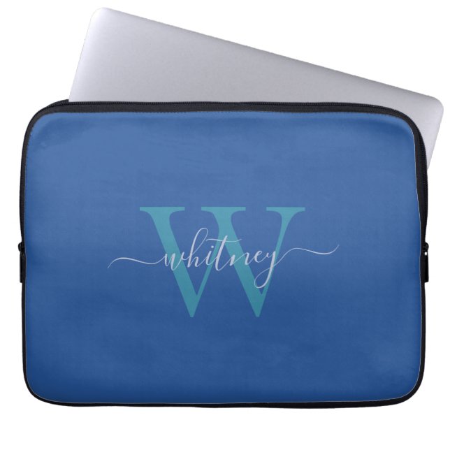 Cute Simple Blue Monogram Cursive Name & Initial  Laptop Sleeve (Front)