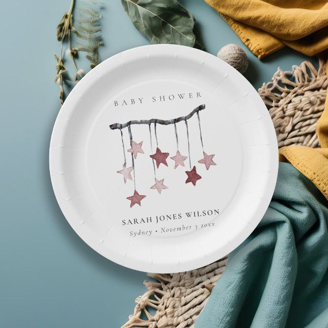Cute Simple Blush Pink Star Mobile Baby Shower Paper Plate (Creator Uploaded)