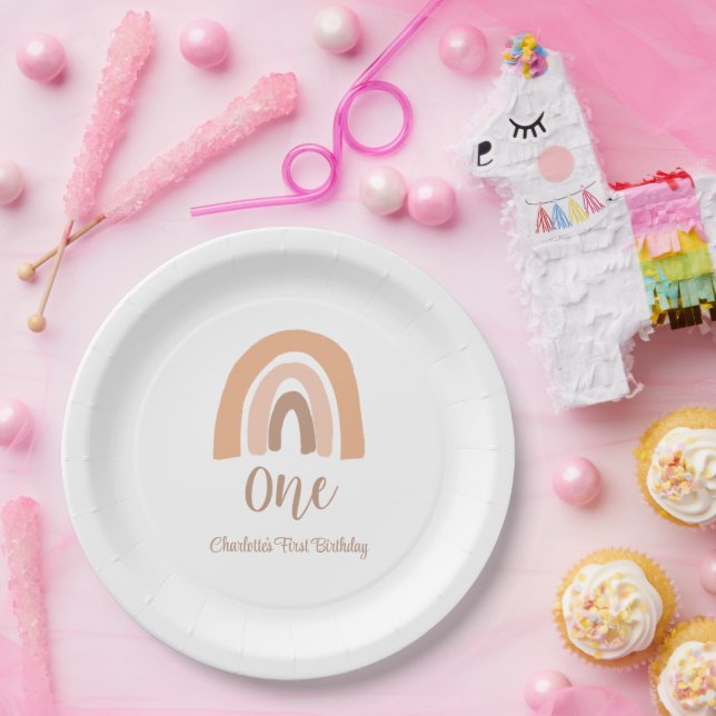Cute Simple Boho Rainbow First Birthday Paper Plate (Party)