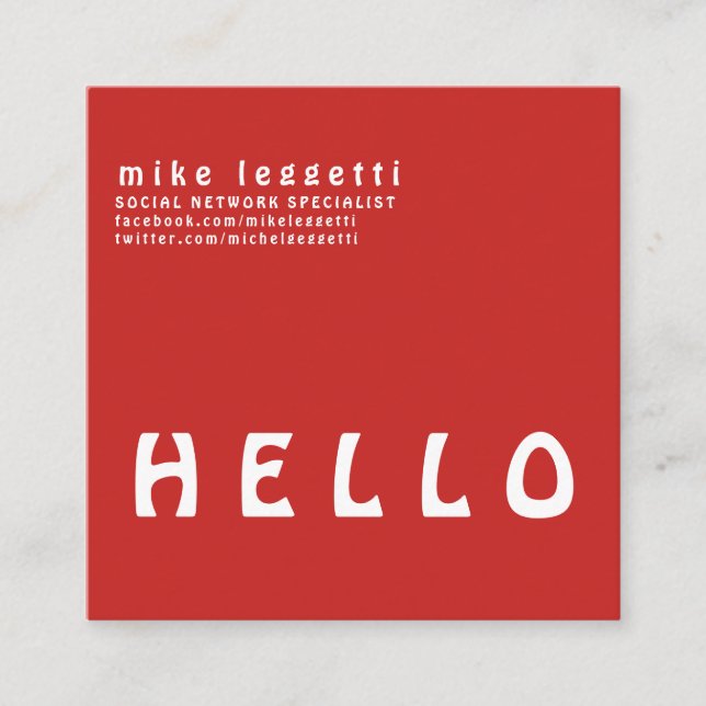 Cute Simple Bold Red HELLO Minimalism Square Business Card (Front)