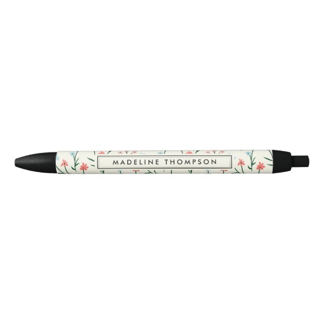 Cute Simple Botanical Pink Blue Flower Floral Black Ink Pen (Front)