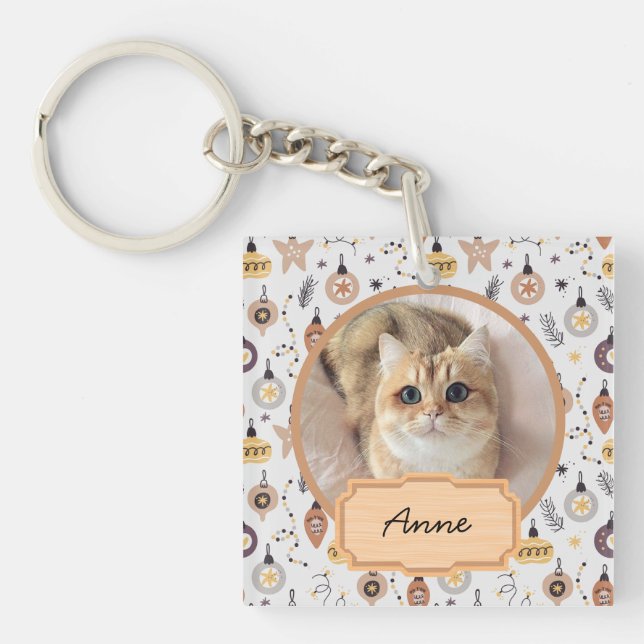  cute simple christmas holiday Custom cat Photo  Keychain (Front)