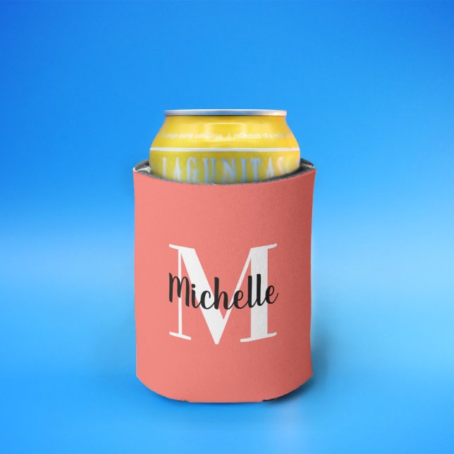 Cute Simple Coral Pink & White Monogram Template Can Cooler (Creator Uploaded)