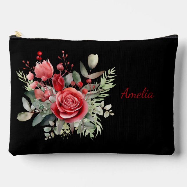 Cute Simple Elegant Black With Flowers Accessory Pouch (Front)