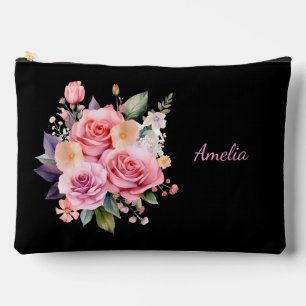 Cute Simple Elegant Black With Flowers Accessory Pouch