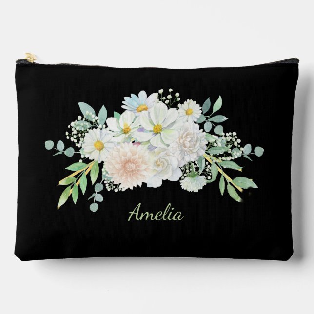 Cute Simple Elegant Black With Flowers Accessory Pouch (Front)