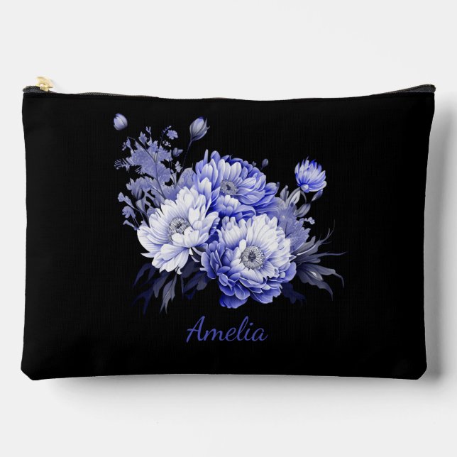 Cute Simple Elegant Black With Flowers Accessory Pouch (Front)