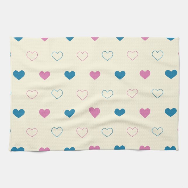 Cute Simple Heart Pattern blue pink cream Kitchen Towel (Horizontal)