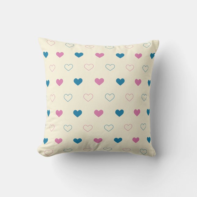Cute Simple Heart Pattern blue pink cream Throw Pillow (Front)