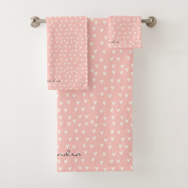 Cute Simple Heart Pattern Pink Bath Towel Set (Insitu)