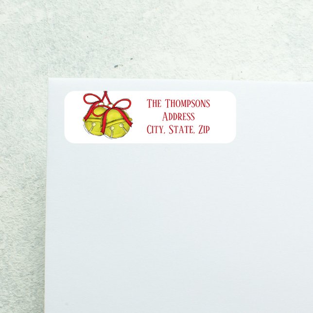 Cute Simple Holiday Christmas Mailing (Festive Christmas return address label with gold jingle bells and red ribbon bow.)