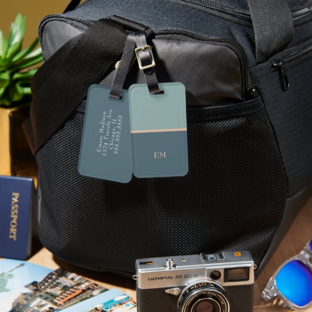 Cute Simple Modern Blue Monogrammed Initials Luggage Tag (Front & Back)