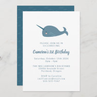 Cute Simple Narwhal Ocean Blue 1st Birthday Party