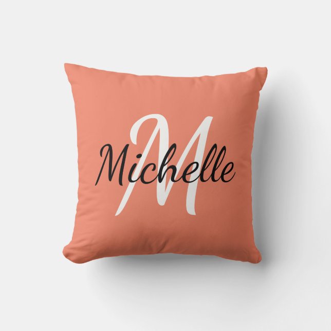 Cute Simple Orange Monogram Initials + Name Throw Pillow (Front)