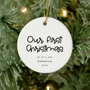 Cute simple Our First Christmas wedding photo Ceramic Ornament