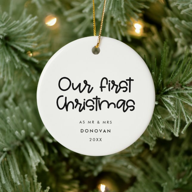 Cute simple Our First Christmas wedding photo Ceramic Ornament (Tree)