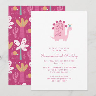Cute Simple Pink Dinosaur 2nd Birthday  Invitation