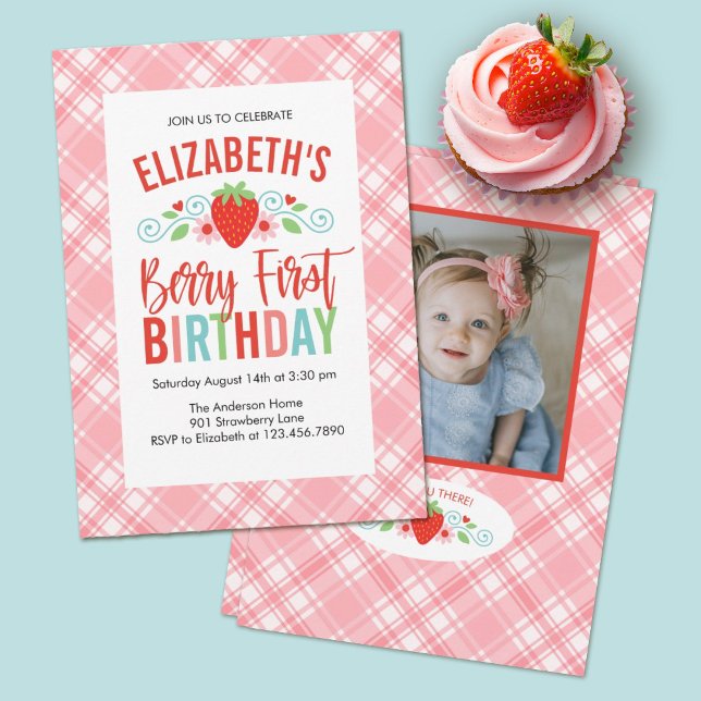 Cute Simple Red Berry Sweet Photo Birthday  Invitation (A cute Berry First Birthday party photo invitation)