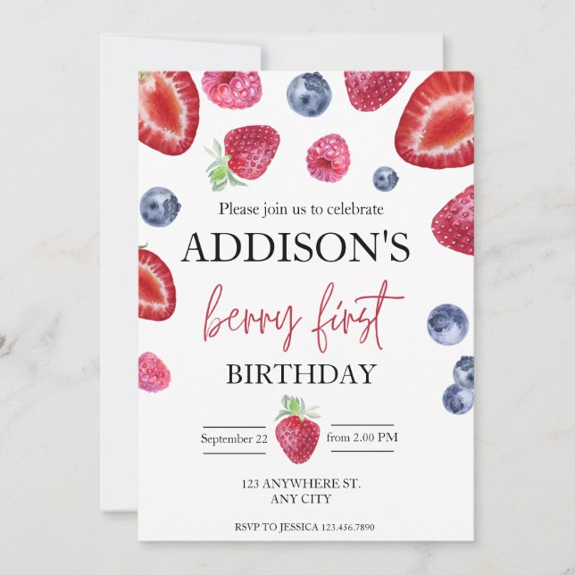 Cute Simple Red Blue Berry Sweet 1st Birthday Invitation (Front)