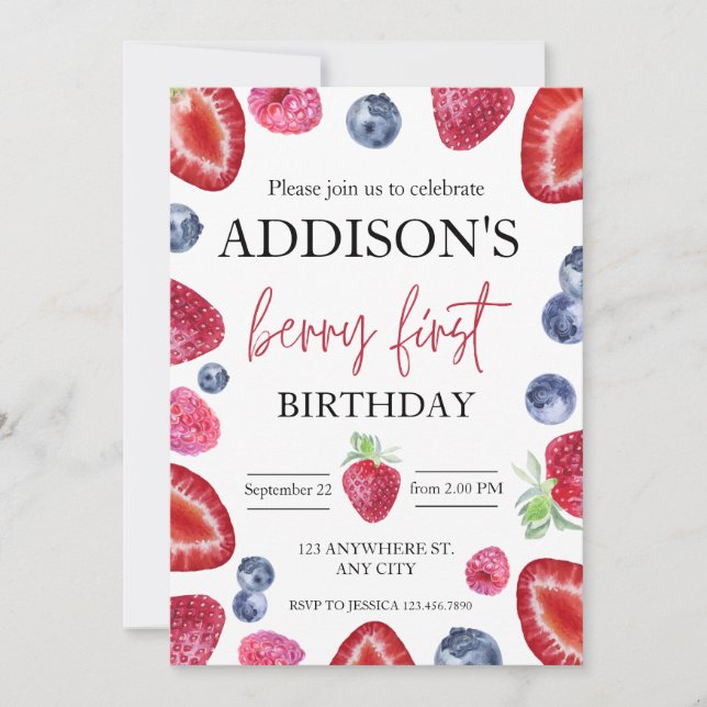 Cute Simple Red Blue Berry Sweet 1st Birthday Invitation (Front)