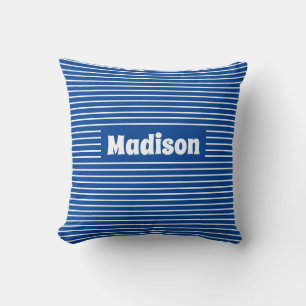 Cute Simple Stripes Blue and White Custom Name Throw Pillow