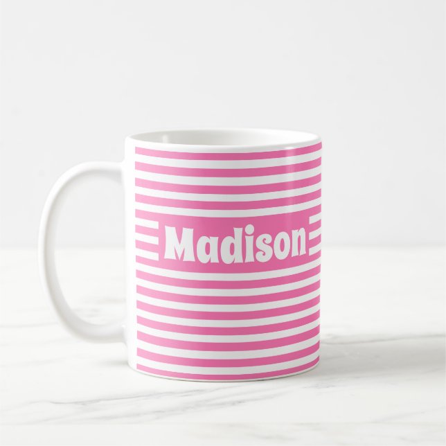 Cute Simple Stripes Hot Pink and White Custom Name Coffee Mug (Left)