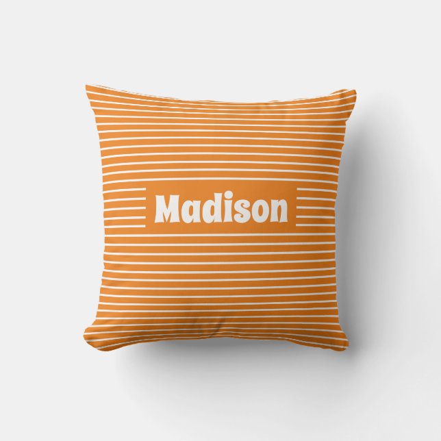 Cute Simple Stripes orange and White Custom Name Throw Pillow (Front)