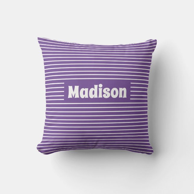 Cute Simple Stripes Purple and White Custom Name Throw Pillow (Front)