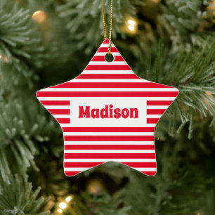 Cute Simple Stripes Red and White Name Star Ceramic Ornament
