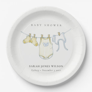 Cute Simple Yellow Baby Clothesline Baby Shower Paper Plate