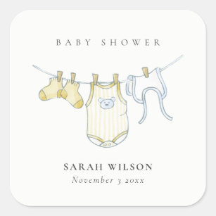 Cute Simple Yellow Baby Clothesline Baby Shower Square Sticker