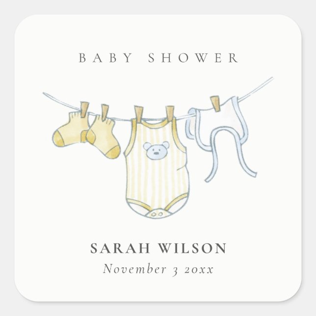 Cute Simple Yellow Baby Clothesline Baby Shower Square Sticker (Front)
