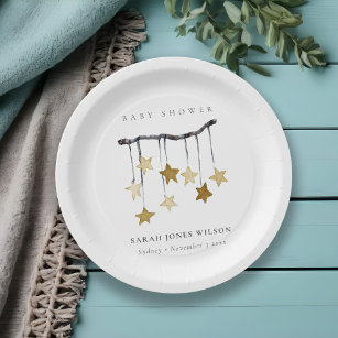 Cute Simple Yellow Neutral Star Mobile Baby Shower Paper Plate
