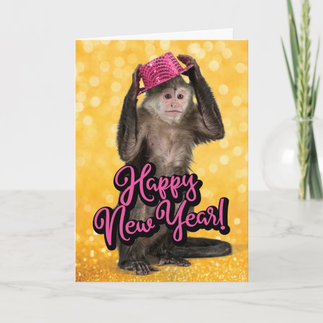 Cute Singe Avec Casquette De Fête Carte Nouvel An (Devant)