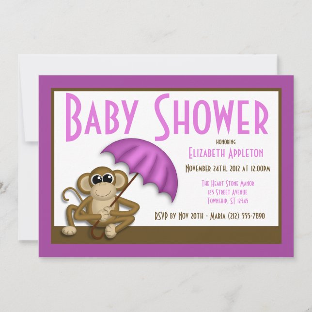 Cute Singe Purple Bébé Douche Invitations (Devant)