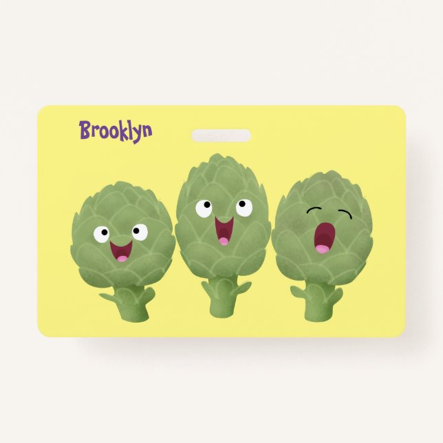 Cute singing artichokes vegetable cartoon badge (Front)