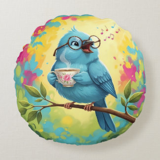 Cute Singing Blue Bird Round Pillow 